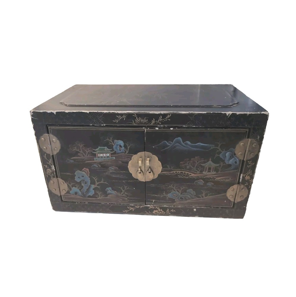 Scarce Vintage Chinese Black Lacquered Painted 2 Door Cabinet 20″x 12″X 11″