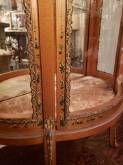 Antique Hand Painted Roses Wooden Curved Glass Curio Cabinet w/ Ormolu Trim