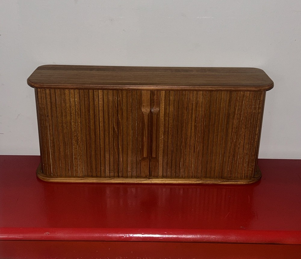 Vintage Mid Century Teak (21″ x 9″ x 6 1/2″) Tambour Door Wall Mount Cabinet VGC