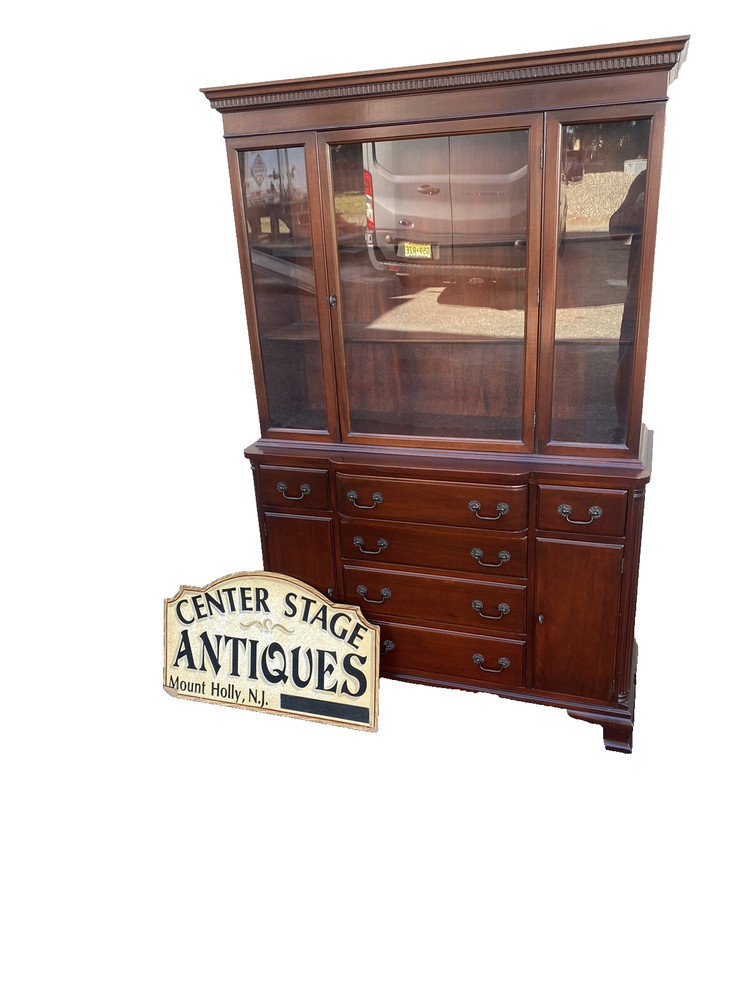 66021 Antique Solid Mahogany Breakfront China Cabinet