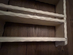 Antique CHIPPY WHITE WOOD SPICE RACK Painted Carved Wall Shelf Curio Display 16″