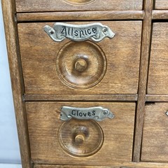 Antique Wood Apothecary Spice Cabinet 9 Metal Labeled Drawers 18.5” x 10”