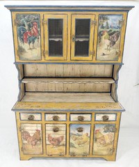 Rare Phenomenal Solid Teak Country Paint Decorated Painted Farm Style Cupboard