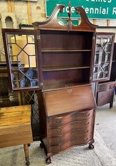 Antique Mahogany Chippendale Drop Front Secretary Desk 4 Serpentine Drawers Key