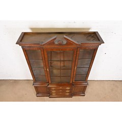 Drexel Heritage Georgian Carved Mahogany Lighted Breakfront Bookcase Cabinet