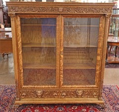Late 19th Century Figural Carved Tiger Oak China Cabinet By AJ Johnson Chicago