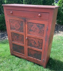 Antique 1880’s Folk Art Primitive Punched Tin Pie Safe Cabinet Old Red Paint
