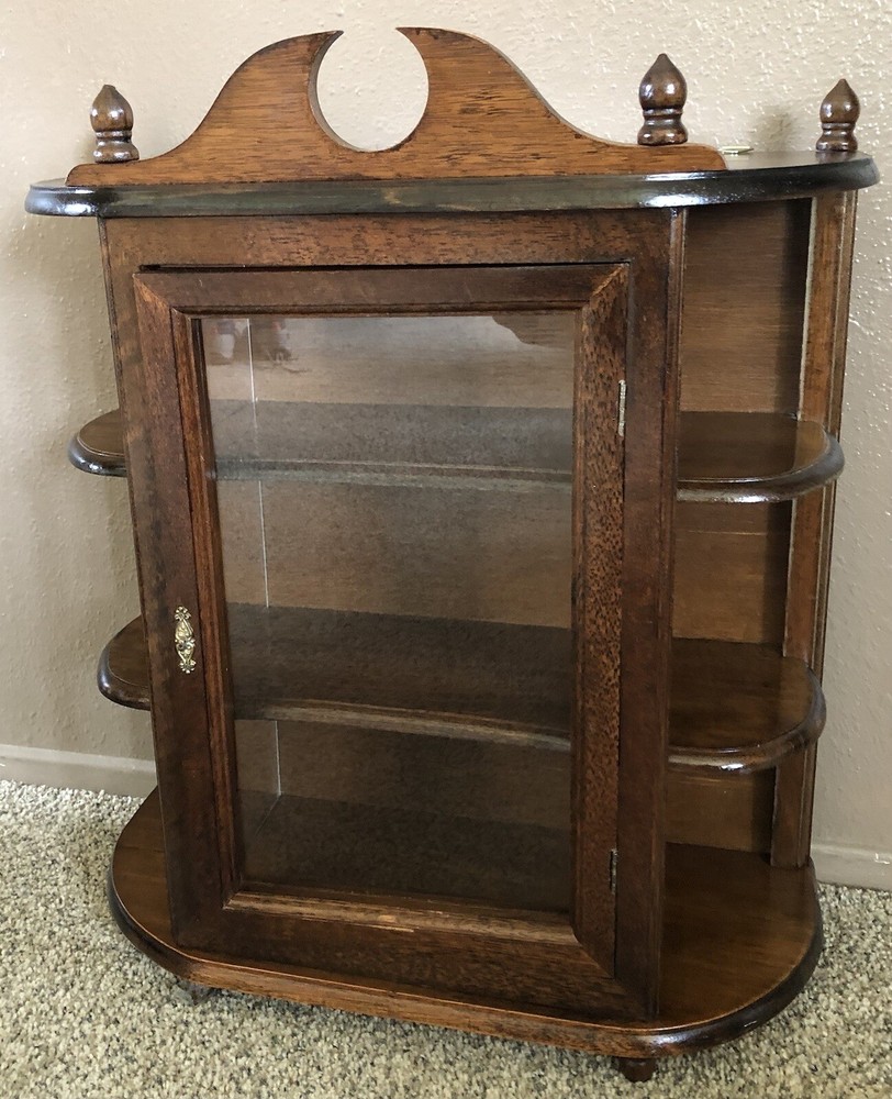 vtg Original curio Wood Walnut Color cabinet Door Inside Collectible Covered