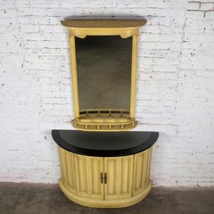 Vintage Neoclassic Revival Blonde Oak Demilune Cabinet or Console and Mirror