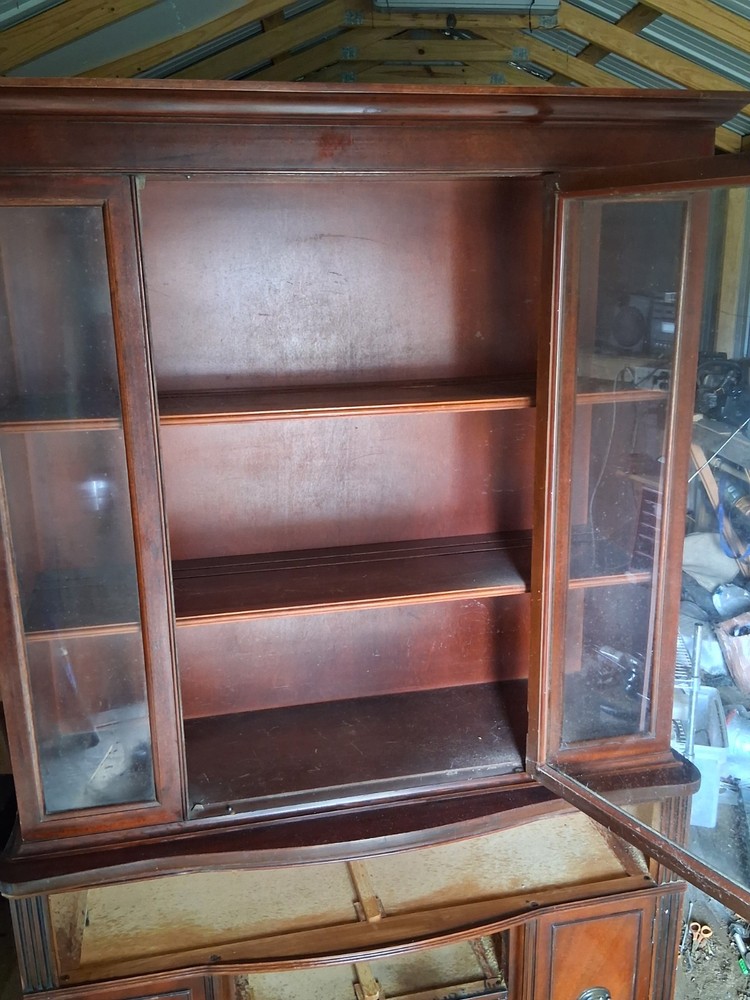 Antique Brown Wood Glass Fronted China Cabinet with Glass Doors and Storage