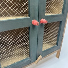 Antique 1890’s Hand-Painted Wooden Mini Cabinet Fruit Motifs Wire Mesh Doors.
