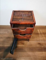 Antique Brown Wood & Bamboo Storage Cabinet w/ 2 Drawers Slatted Hinged Door