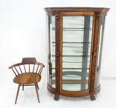 Fine Carved Tiger Oak Lion Feet & Head Curved Glass China Cabinet c1880s MINT!