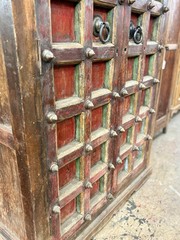 Antique 77″H Hutch Cabinet, Mughal or Medieval Style, Brass Studs & Iron Pulls