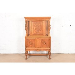 Antique English Jacobean Carved Oak and Burl Wood Bar Cabinet, Circa 1920s