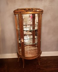 Antique Hand Painted Roses Wooden Curved Glass Curio Cabinet w/ Ormolu Trim