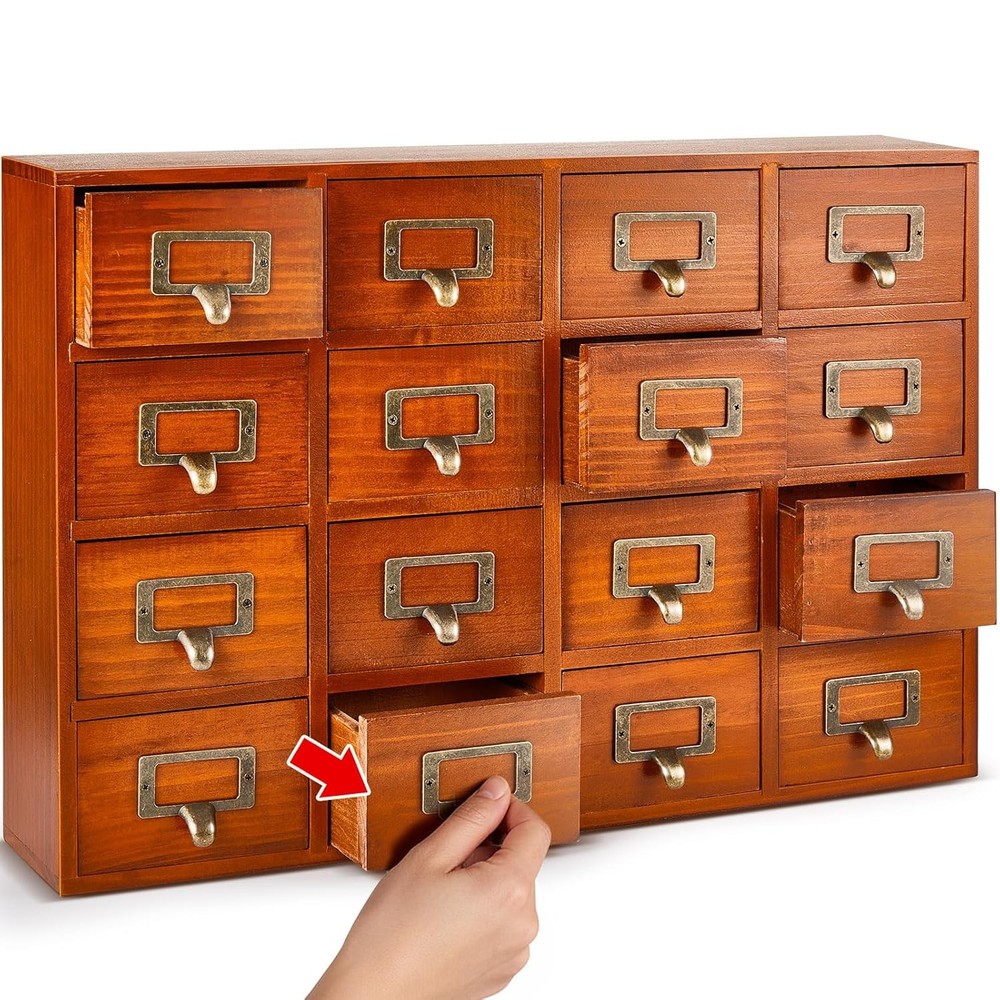 16 Drawer Wood Apothecary Cabinet Library Card Catalog File Organizer Vertical