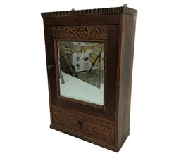 antique wall hanging medicine shaving cabinet wood beveled glass ornate