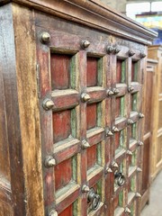 Antique 77″H Hutch Cabinet, Mughal or Medieval Style, Brass Studs & Iron Pulls
