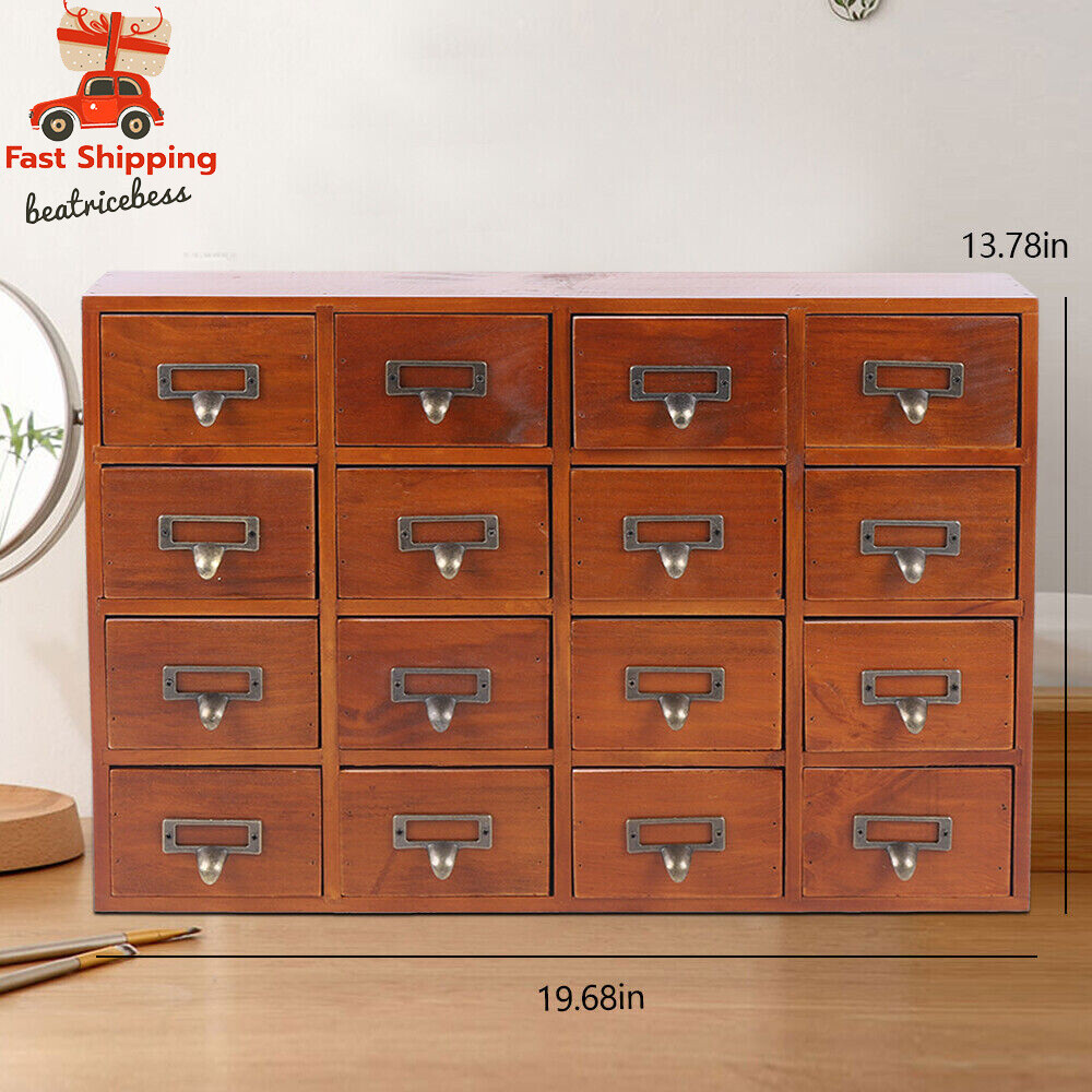16 Drawers Vintage Wood Apothecary Medicine Cabinet Label Holder Card Catalog
