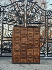 Large solid wood, antique multi drawer card catalog cabinet