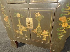 Antique Hand Painted Asian Chinoiserie Altar Cabinet Side Table