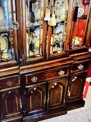 VTG Broyhill Cherry Wood China Cabinet Lighted Display 2 pc Curio Hutch Storage