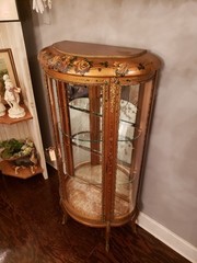 Antique Hand Painted Roses Wooden Curved Glass Curio Cabinet w/ Ormolu Trim