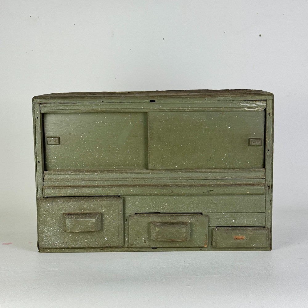 A Primitive Vintage Handmade Multi Compartment Wood Cabinet In Military Green