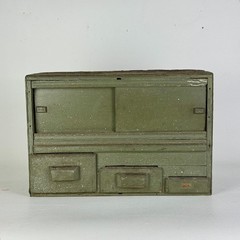 A Primitive Vintage Handmade Multi Compartment Wood Cabinet In Military Green