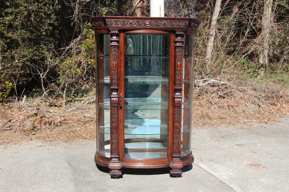 Victorian Heavily Carved Tiger Oak Bow Front China Display Cabinet Horner Flint