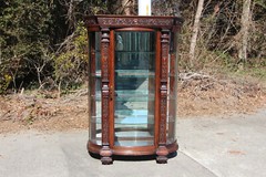 Victorian Heavily Carved Tiger Oak Bow Front China Display Cabinet Horner Flint