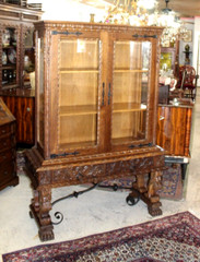 French Antique Oak Wood Renaissance Display Cabinet With 2 Shelf