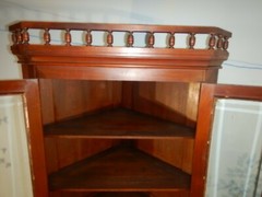 Victorian Walnut Corner Cupboard Beveled Glass Doors Gallery Top Ornate Brass