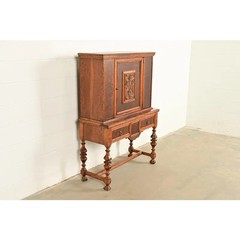 Early Romweber Antique English Jacobean Carved Oak Bar Cabinet, Circa 1900