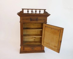Antique Small Wooden Oak Cabinet with Beveled Mirror and Carved Ornaments