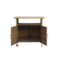 Outdoor Beige Wicker Bar Cart Rolling Rattan Beverage Serving Cart