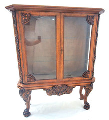 Antique Oak Display China Cabinet Display Hutch with Claw Feet & Ornate Carving