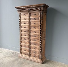 77″ Tall Antique French Apothecary Cabinet Solid Oak Carved with Compartments