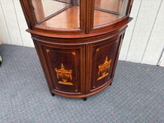 66914 Vintage Inlaid Mahogany Corner Curio Cabinet with Glass Doors