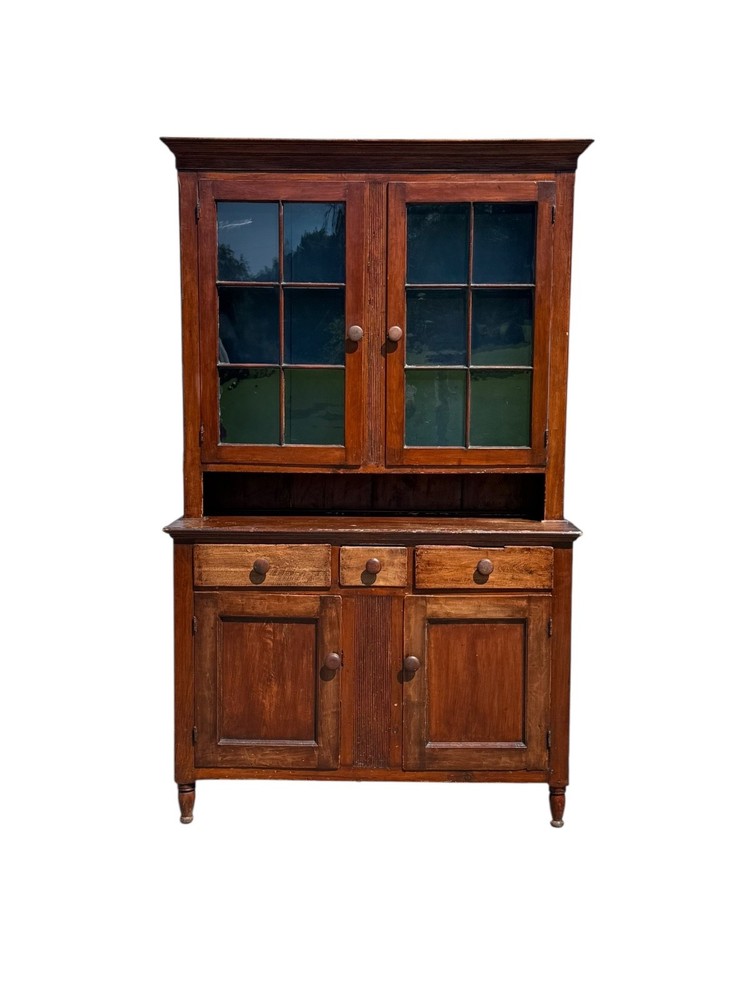 antique sheraton dutch cupboard step back cabinet 2pc softwood country farm