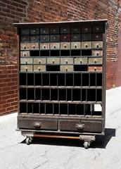 Antique Apothecary Wood Cabinet drawer hardware tool box cubby slot mail vintage