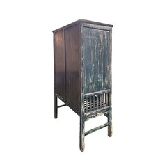 Vintage Distressed Teal Blue Oriental Carving Storage Cabinet ws4991