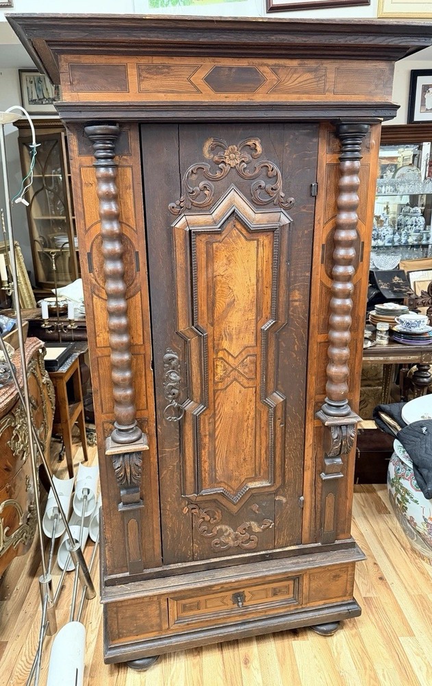 18th C Renaissance German Gründerzeit Carved Oak Raised Panel Cabinet Wardrobe