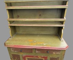 Primitive Antique French Country Style Floral Paint Decorated Step Back Cupboard