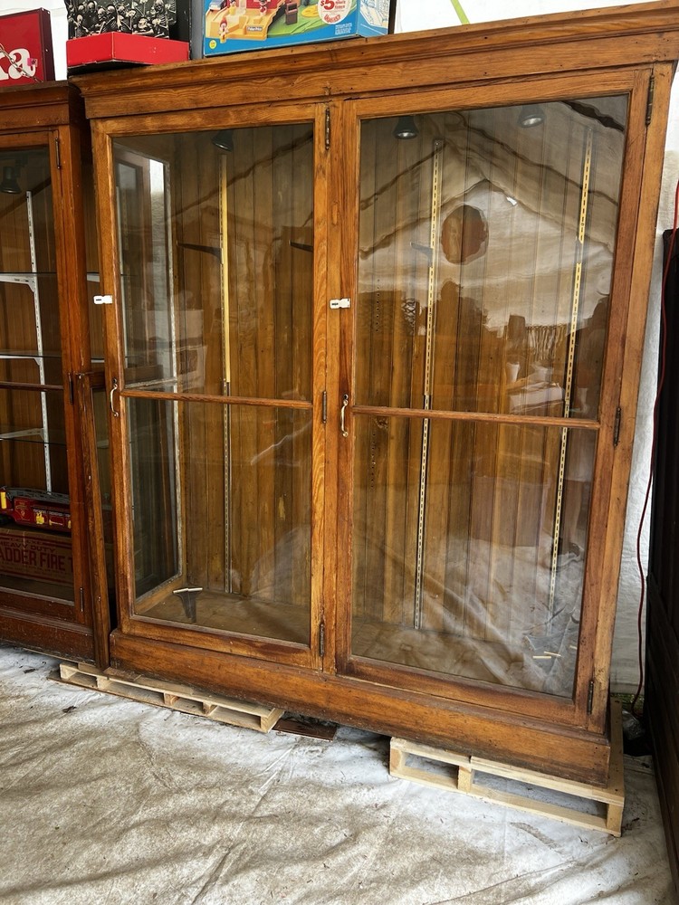 c1890 oak upright 2 door display cabinet 6’w x 85”h x 20”d – Four glass shelves