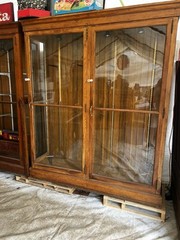 c1890 oak upright 2 door display cabinet 6’w x 85”h x 20”d – Four glass shelves