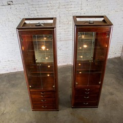 Modern Pair Lighted Display Cabinets by Bassett Furniture Cherrywood & Brass