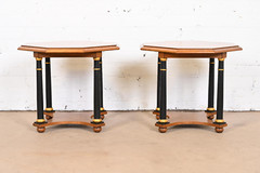 Baker Furniture Neoclassical Burl Wood Parcel Ebonized Gilt Side Tables, Pair