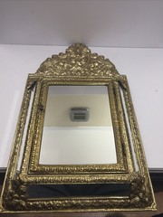 VTG Mirror Brass Glass Shoes Brushes Cabinet Continental Ornate Wall Hanging